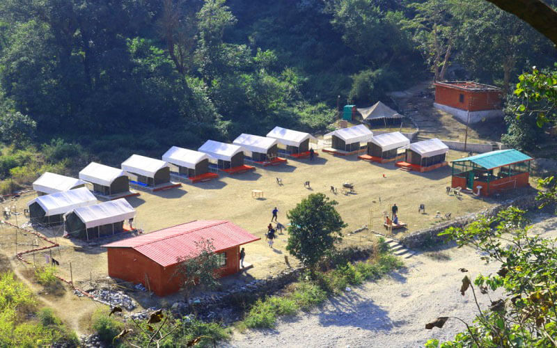Rafting camp in Shivpuri Rishikesh surrounded by hills